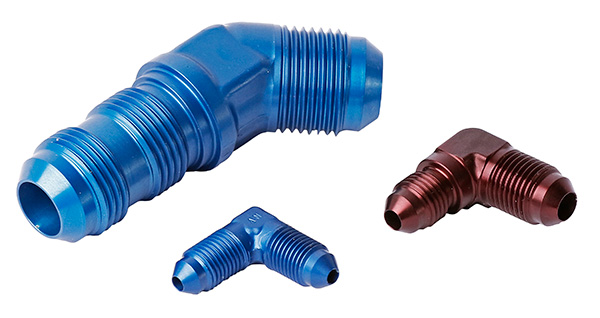 three airdrome metal hose fittings in different sizes and angles, designed for aviation facilities; two are blue and one is red.