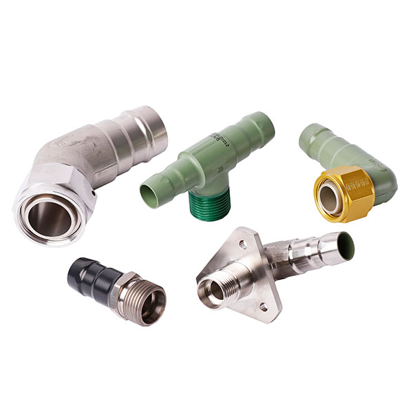 A variety of Permaswage industrial hose couplings made of metal and plastic, suitable for fluid conveyance systems, isolated on a white background.