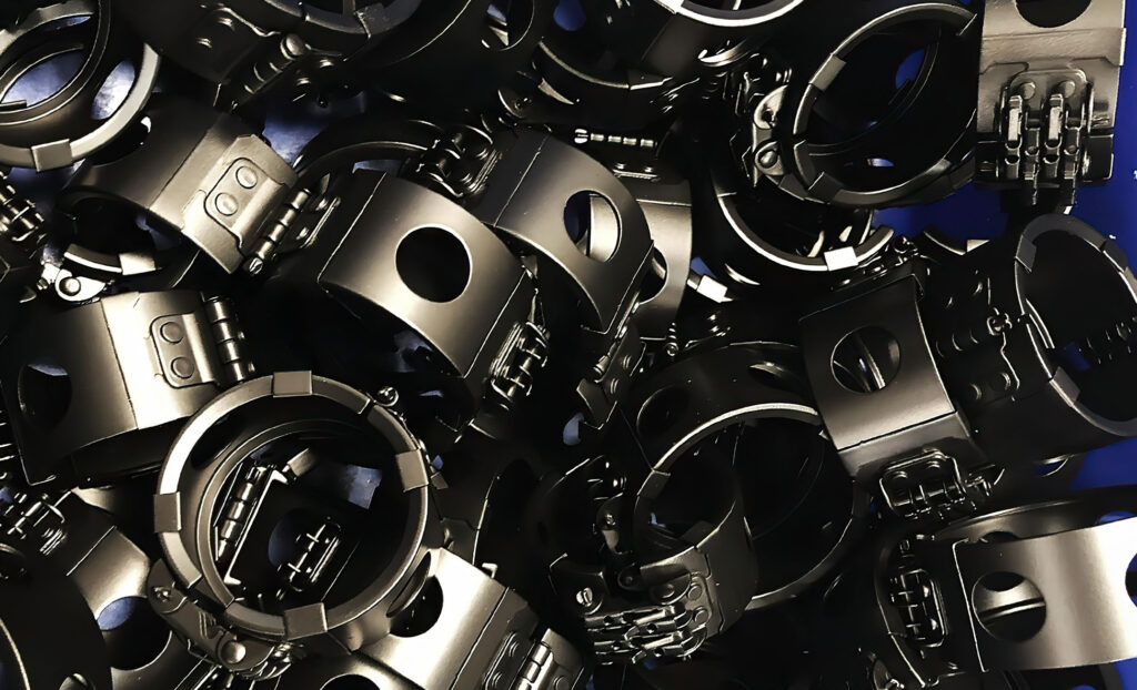 a collection of scattered black plastic handcuffs with various coupling mechanisms, against a blue and black background.