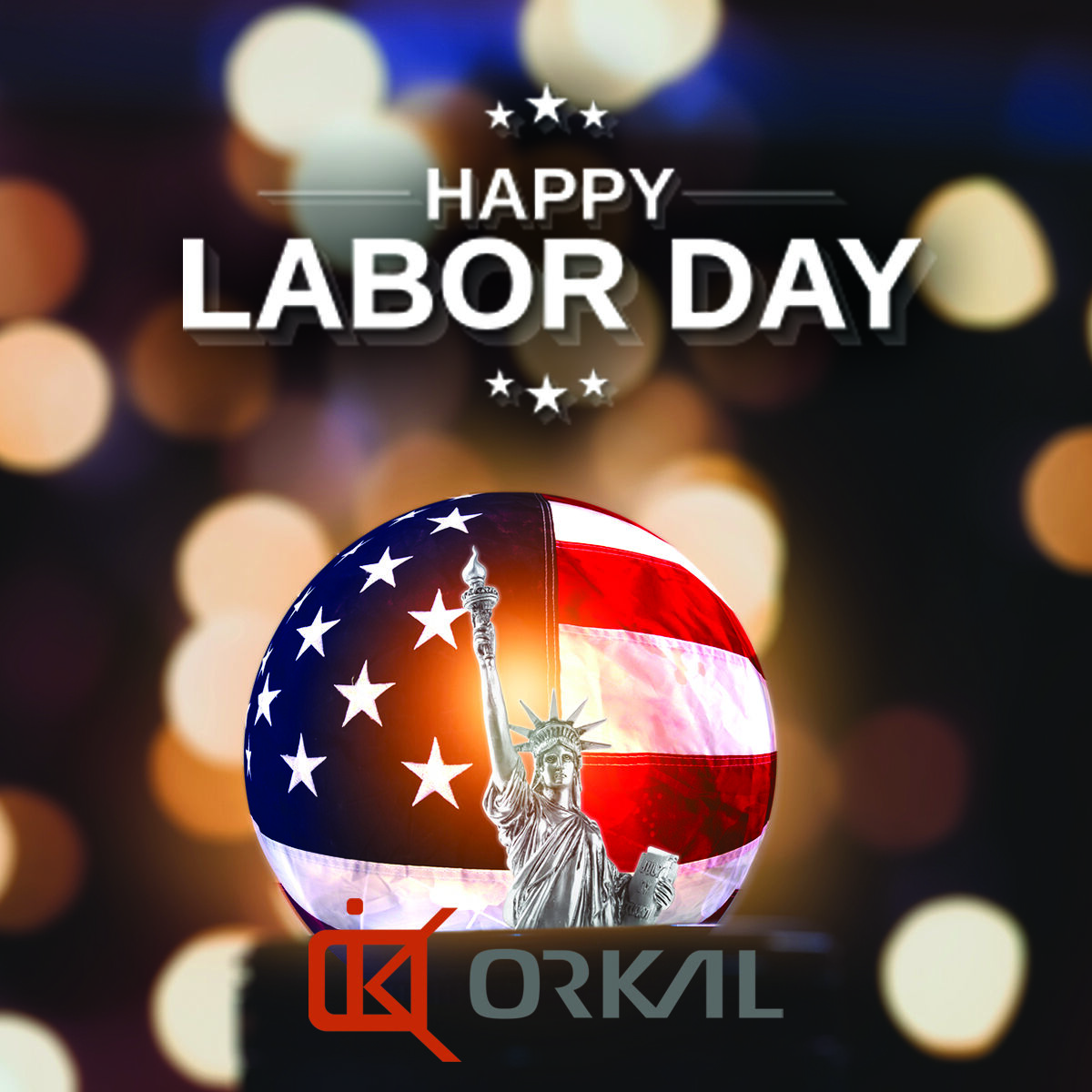 graphic with 'happy labor day 2023' text, featuring a translucent sphere overlaying the u.s. flag and the statue of liberty, set against a bokeh light background.