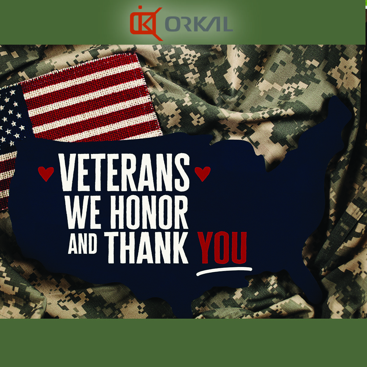 graphic depicting the u.s. map with text "veterans day 2023: we honor and thank you" on a camouflage background with an american flag.