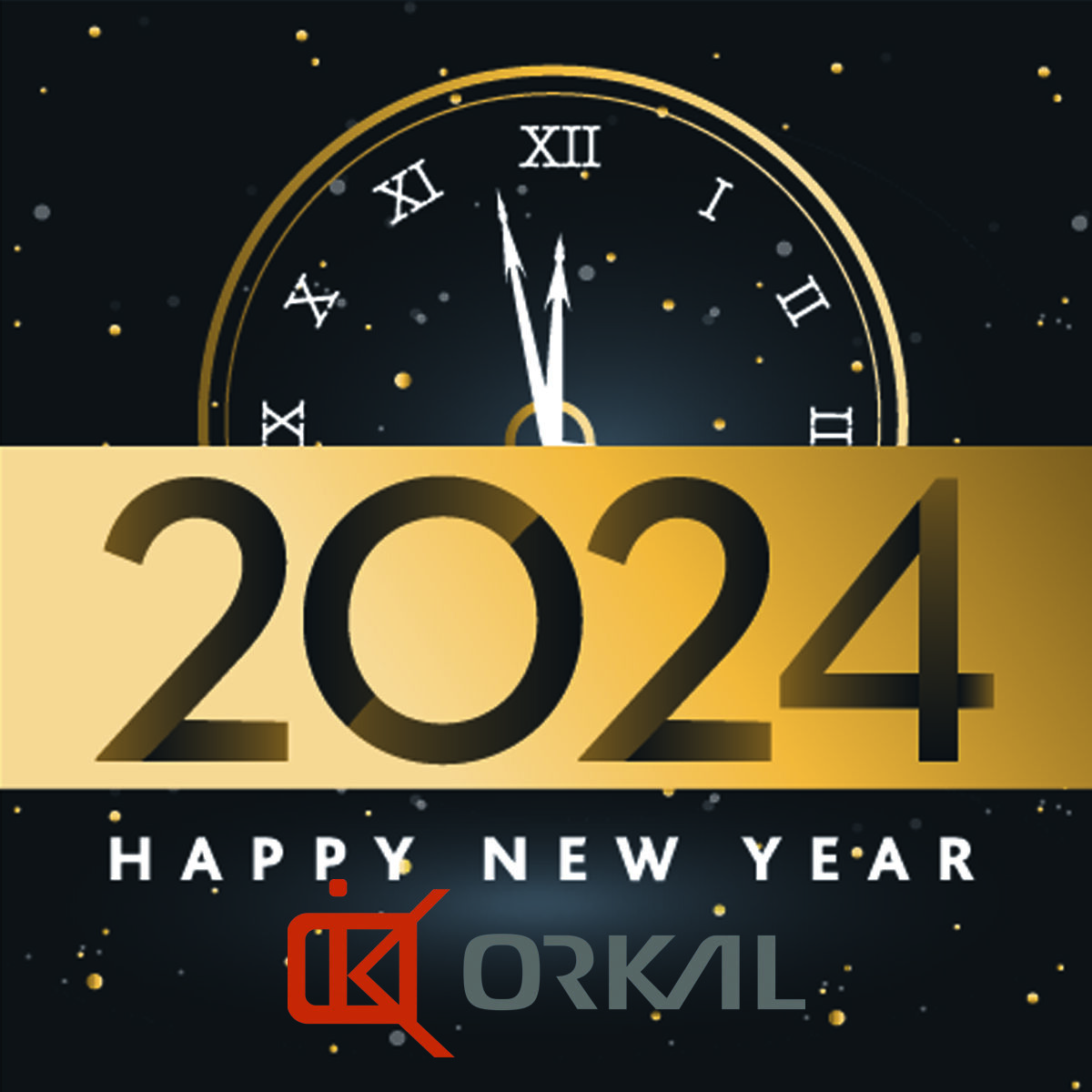 new year 2024 celebration image featuring a clock striking midnight and text reading "happy new year 2024" with festive background.