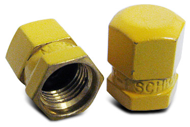 two yellow metal hexagonal nuts, one with internal threading visible, isolated on a white background from the valves and caps linecard.