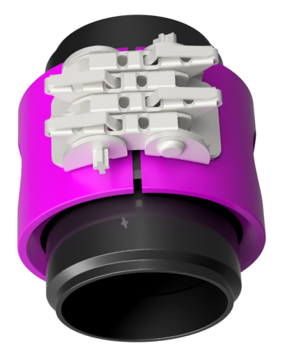 3d rendering of a purple and white mechanical device with performance couplings and a cylindrical base.