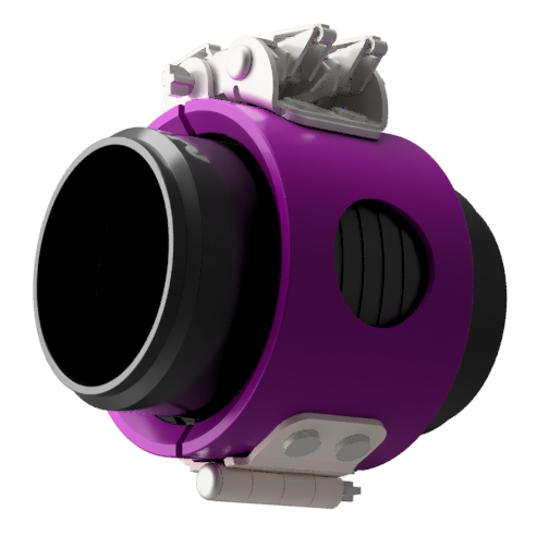 3d rendering of a purple and grey futuristic camera with multiple lenses, mechanical details, and performance couplings.