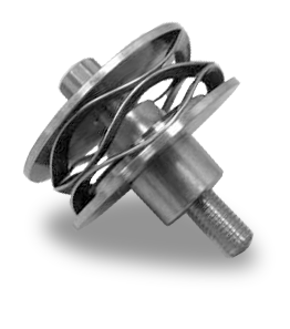 a grayscale image of a metal mechanical assembly component with gears and a threaded bolt.