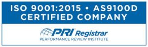 banner displaying certification logos for iso 9001:2015 and as9100d, labeled as a "certified company" in aerospace fluid fittings and couplings by pri registrar, performance review