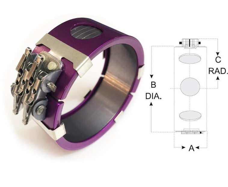 A purple wristwatch with visible gears and components, next to its mechanical design schematic.