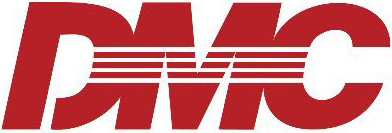 red and white logo featuring the letters "dmc" styled with horizontal lines through each character.