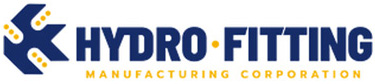 logo of hydro-fitting manufacturing corporation, featuring blue text and a yellow and blue abstract design to the left.