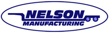 logo of nelson manufacturing featuring blue text and an outline of a simple truck on the right, all encased in an oval border.