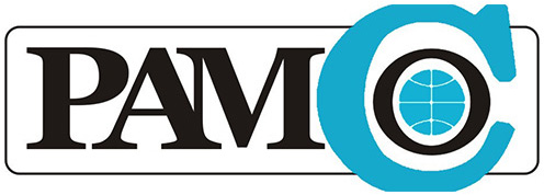 a logo featuring the text "pamc" in black, with a stylized blue letter 'c' surrounding a globe symbol on the right.