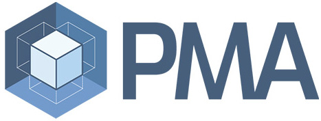 logo featuring a stylized blue hexagonal box next to the letters "pma" in bold gray font.