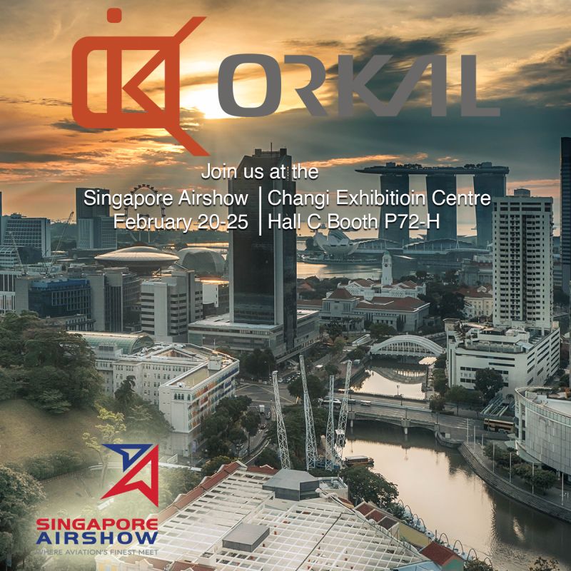 promotional image for qorkal at the 2024 singapore airshow featuring a cityscape background, event details overlay, and company logos.