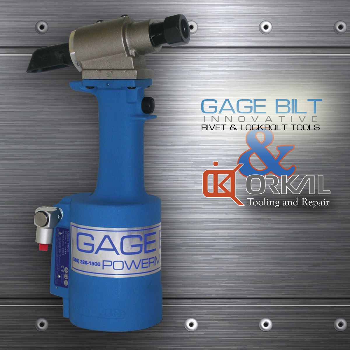 a blue and silver pneumatic rivet gun, part of a partnership with gage bilt, featuring logos for gage bilt and orkal against a textured metal background.