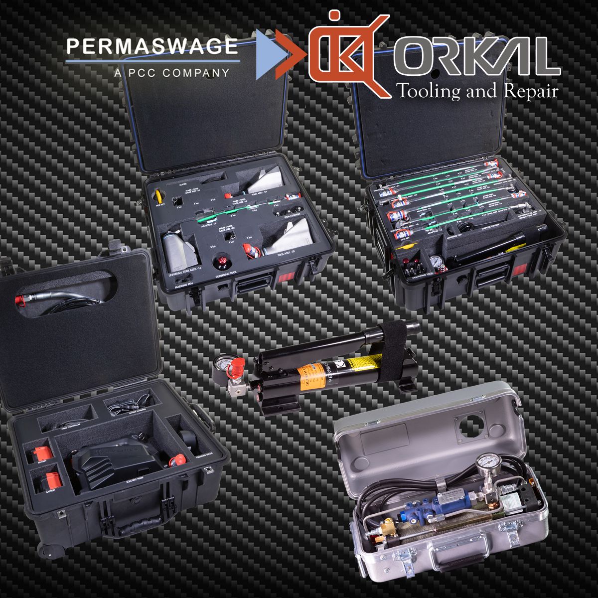 various professional auto draft tool kits from permaswage and okval, displayed open and closed, showcasing tools like wrenches and fittings on a patterned background.