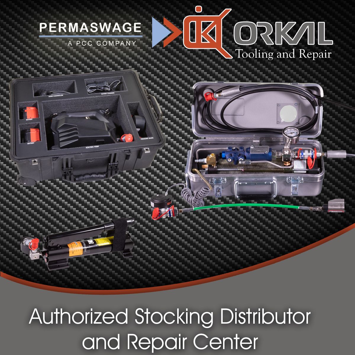 professional toolkits from permaswage and orkal displayed in open cases, emphasizing their role as an authorized auto draft distributor and repair center.