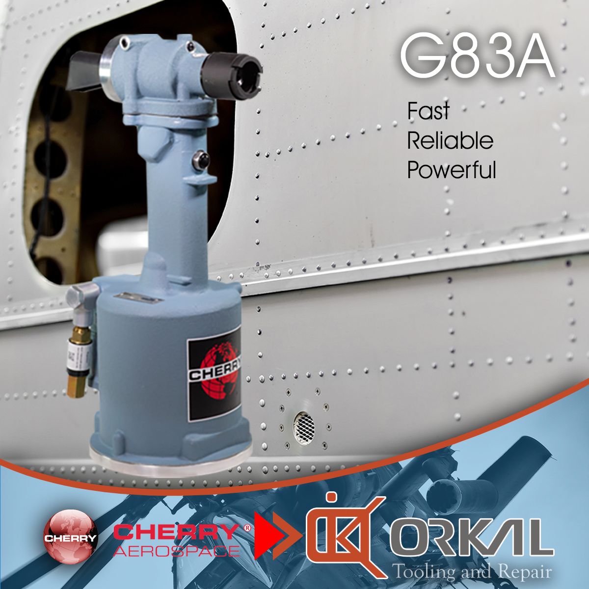 an industrial rivet gun labeled "g83a" by cherry aerospace, mounted near an airplane fuselage with auto draft, and described as fast, reliable, and powerful.