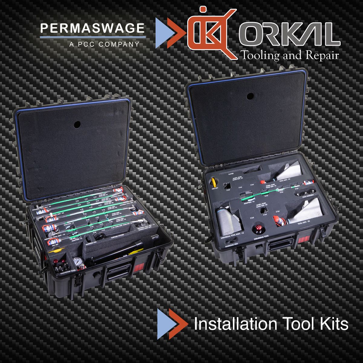auto draft: two permaswage installation tool kits by orkal, displayed open to reveal various tools inside, set against a textured dark background.