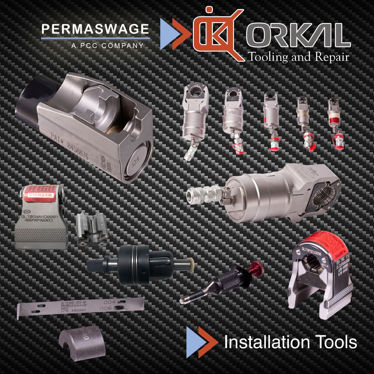 orkal, permaswage & orkal tools with fittings for aircraft fluid transfer systems on carbon fiber backdrop; compliance, repair, logistics support.