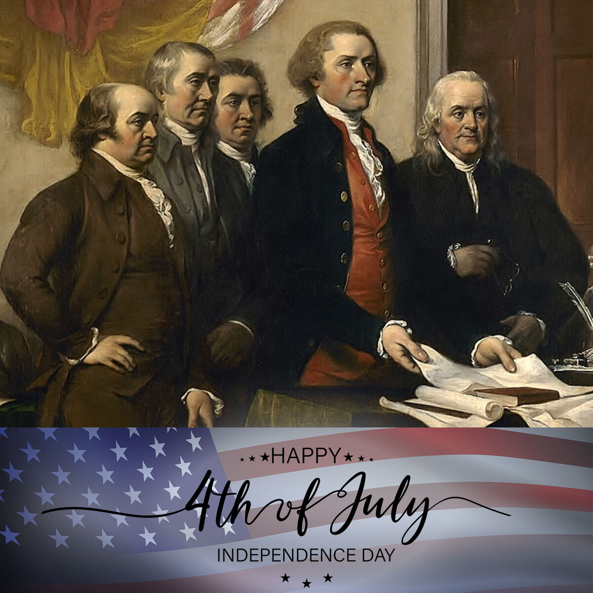 orkal, a painting of founding fathers presenting the declaration, with "happy 4th of july" on an american flag banner below, combining orkal industries' precision fittings and aerospace tooling, complete with logistics support and compliance.