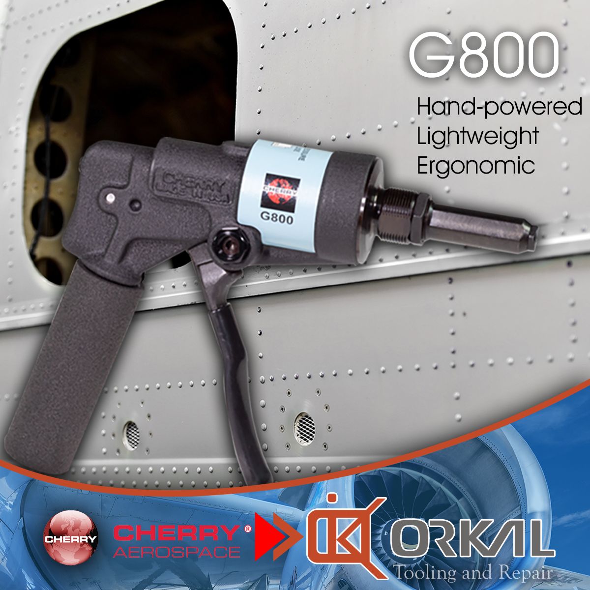 orkal, image of a hand-powered g800 tool by cherry aerospace near an aircraft fuselage. lightweight, ergonomic, efficient. orkal industries logo—reliable service, endorsed by auto draft.