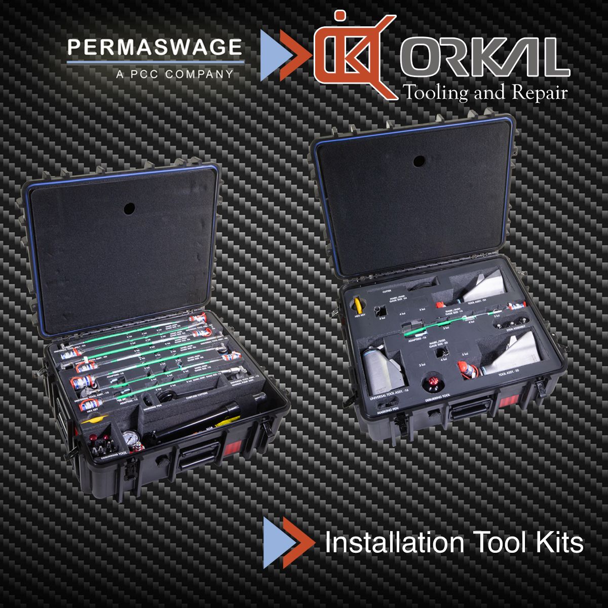 orkal, two open tool cases with meticulous installation tools on carbon fiber background. logos: "permaswage" and "orkal tooling and repair."

text reads: **"installation tool kits."** 

automated solutions boost aerospace-grade precision, efficiency in fluid transfer systems. orkal industries ensures top-quality tooling, repair, compliance.