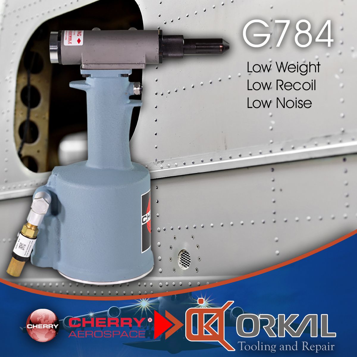 orkal, pneumatic rivet tool g784 by cherry aerospace & orkal industries positioned against aircraft fuselage for streamlined auto draft process. 

top-grade fittings, tooling, repair by orkal; ensuring aerospace quality and compliance in fluid transfer systems.

orkal industries offers comprehensive assembly solutions, logistic support, and supply chain management for aviation excellence.