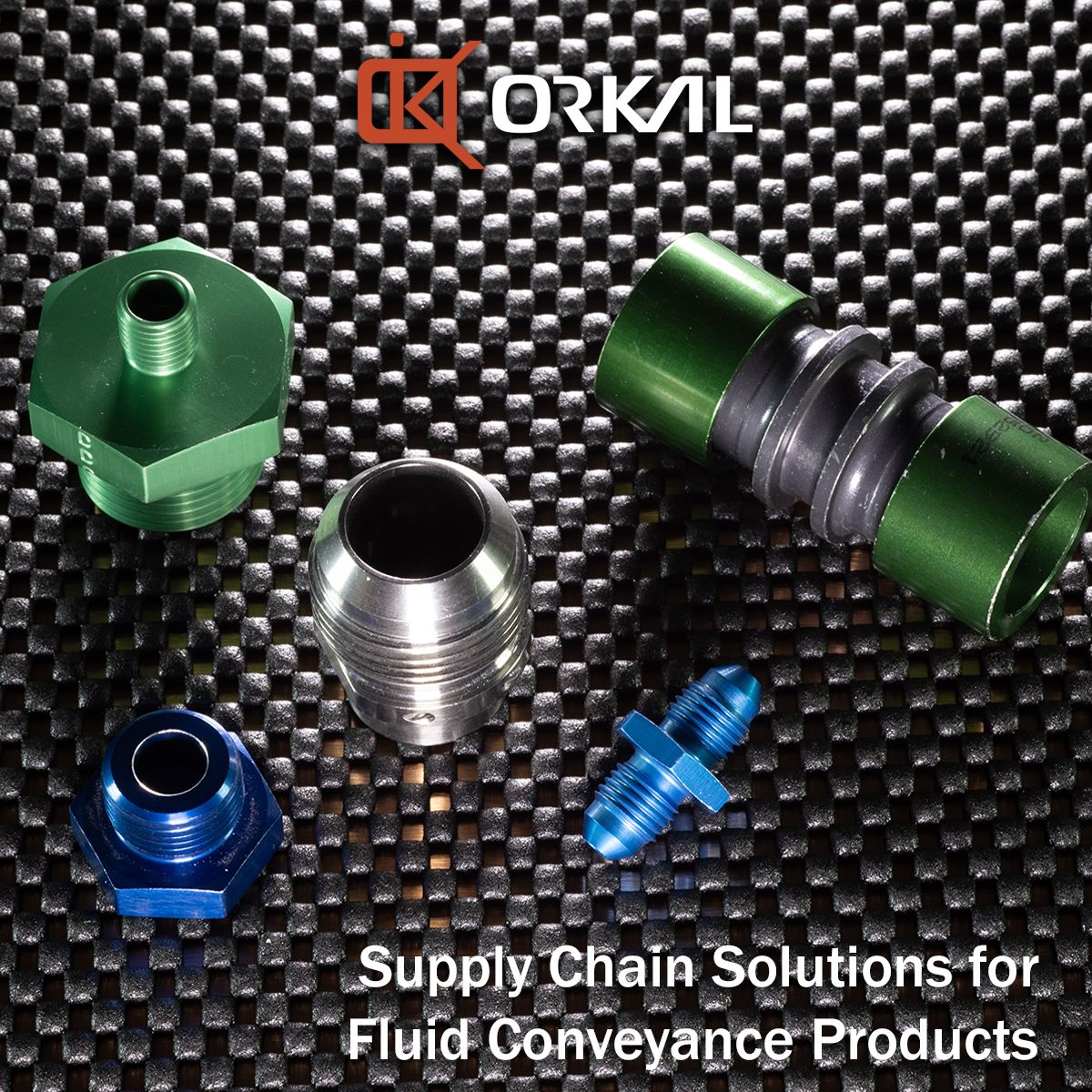 orkal, aerospace-grade fittings in vibrant hues showcased with orkal industries. seamless integration in fluid transfer systems. efficient supply chain solutions.